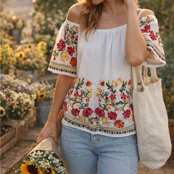 Ana & Rose Tops - Ana & Rose Boho Embroidered Peasant Blouse | Cottagecore Floral Top Small